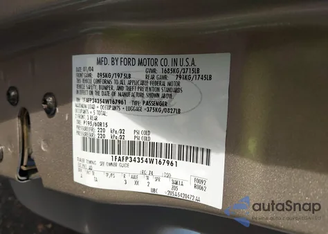 2004 Ford Focus Se из США, поврежденный, VIN 1FAFP34354W167961